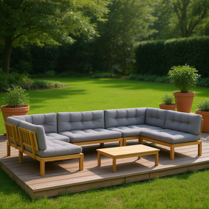 Conjunto de Sofá de Madera de Acacia Sólida para Exteriores con Cojines Grises, Muebles de Jardín de 6 Plazas, Diseño Contemporáneo - Product Image 2