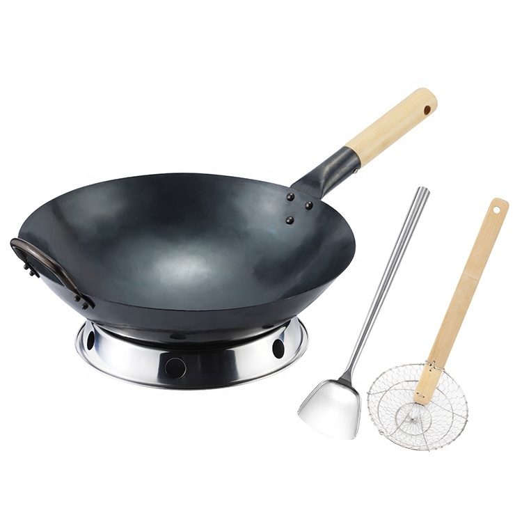 Pre-seasoned Hand Hammered Chinese Fry Wok Utensils Kitchenware Set Cooking Kitchen Cookware Sets