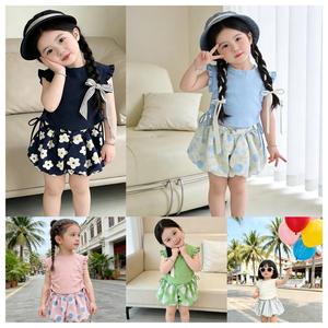 Completo Estivo per Bambine 2026, Nuovo Stile Occidentale, T-shirt con Pizzo, <span class=keywords><strong>Pantaloncini</strong></span> Bloomers, Fiori Cartoon, Abbigliamento per Bambini in Poliestere - Product Image 3
