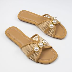2025 Summer <b>Net</b> Flat Slippers Outdoor Fashion Pearl Large Lightweight Non slip Beach Travel Flat Heel Women's Sandals - Product Image 4