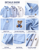 Chemise Classique Garçon 2026 à Manches Longues 100% Coton Broderie Ours Boutonnée Style Preppy Scolaire Formel Décontracté Haut Enfant 3 Couleurs