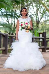 2023 nueva llegada imagen Real personalizar Sexy sirena Africana vestidos de novia de talla grande cuello redondo sin mangas cola de pez vestidos de novia - Product Image 2