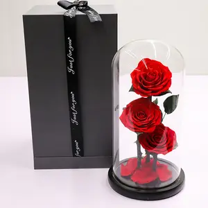 Wholesale Luxury New design preserved 3 roses red flower everlasting in glass dome dried flowers in glass bottles