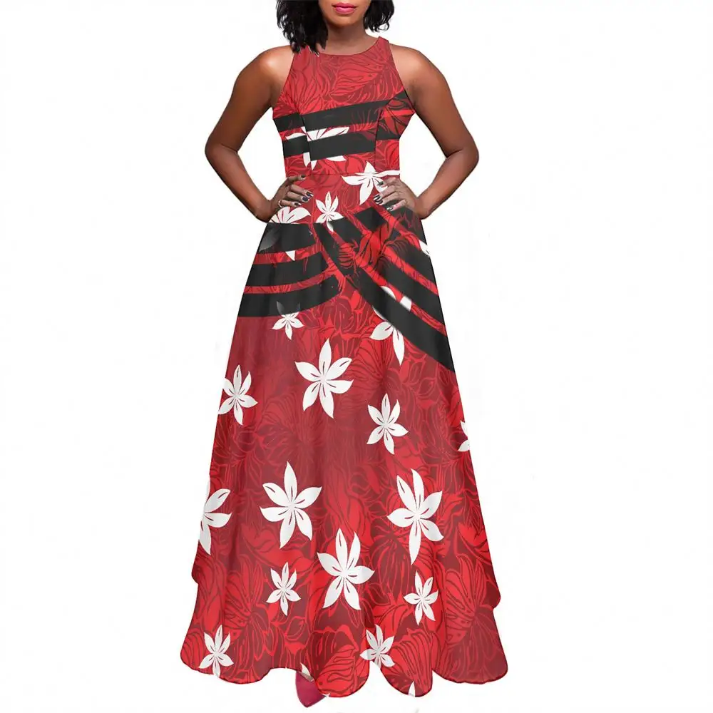 Polynesian Tribal Hawaii Red Tiare Print Custom Loose Round Neck Ruffle Dress Women's Clothing Big Swing A Line Party Dress
