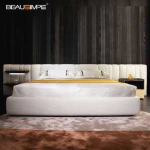 Estructura de cama tamaño King de lujo de alta calidad con tapicería suave de tela diseño moderno MDF madera silenciosa para villas y muebles para el hogar - Product Image 1