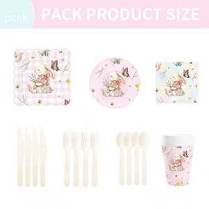 DAMAI - Vajilla de Papel para Fiesta de Pascua, Platos, Vasos y Servilletas con Diseño de Conejo Rosa y Flores Primaverales, para 8 Personas - Product Image 5