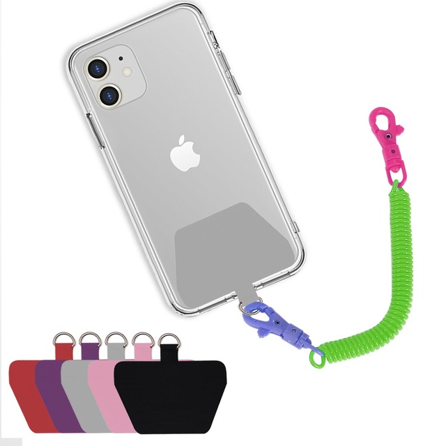 Colorful PVC Safety Tether Coiled Spring Lanyard Custom Fabric Tab clear Tpu Patch Phone Elastic Wrist Strap