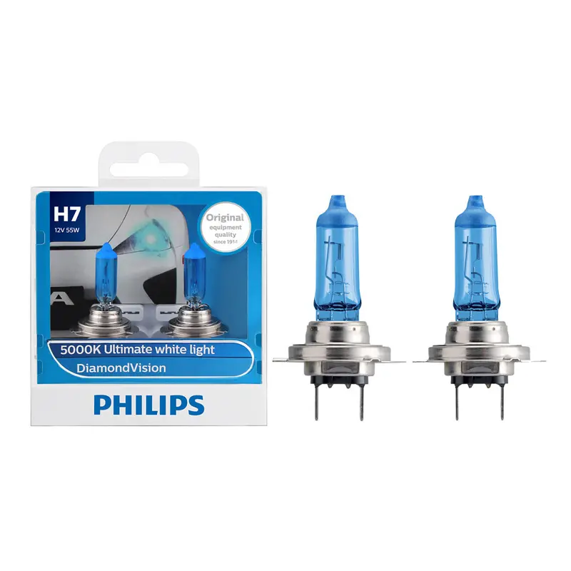 Philips DiamondVision H7 12V 55W 5000K Bright White Car Halogen Head Light Beam Fog Lamps (Twin Pack)