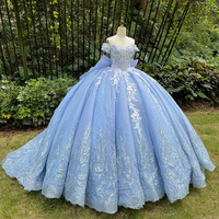 Robe de bal de luxe Jancember LSMC90 bleu clair, épaules dénudées, grand nœud, appliques scintillantes