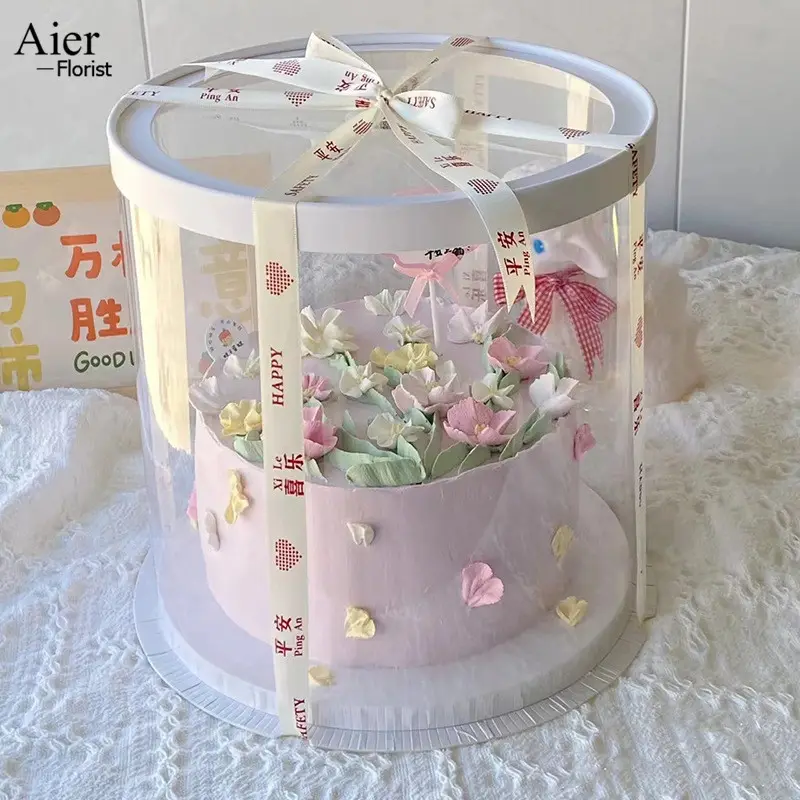 Aierflorist temizle pvc kağıt karton yapımı kek pasta kutusu beyaz kek kurulu/yuvarlak şekil ambalaj düğün pastası kutusu pencere ile