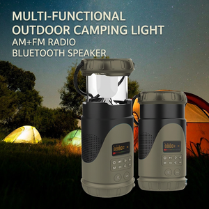 Lanterne de camping multifonctionnelle pour l'extérieur avec lumière LED, haut-parleur Bluetooth, radio AM FM, batterie rechargeable, étanche - Product Image 1