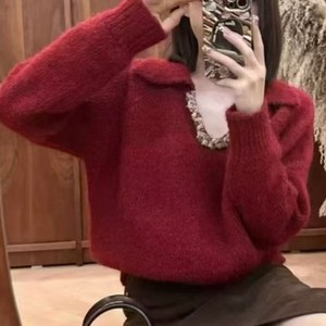 Pull décontracté en maille à col polo oversize pour femme avec garniture à sequins et décolleté en V – Tendance - Product Image 2