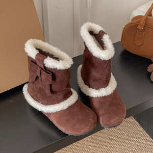 Bottes d'hiver pour femmes, chaudes, doublées <span class=keywords><strong>de</strong></span> fourrure, mi-mollet, en daim, à enfiler, avec nœud mignon et bordure en fourrure, chaussures <span class=keywords><strong>de</strong></span> <span class=keywords><strong>neige</strong></span> - Product Image 3