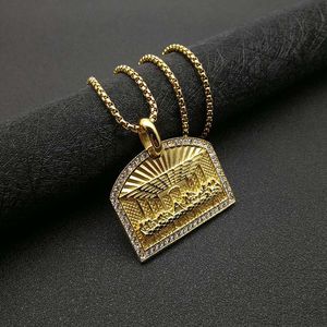 yunnique Hip Hop <b>Titanium</b> Steel Gold Plated Diamond Pendant Necklace Men's Rectangle Pave Setting Gift Jewelry - Product Image 2