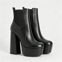 Bottines Chelsea noires en similicuir pour femme, à plateforme, avec fermeture éclair latérale élastique, bout rond, talon bloc épais et tirette.