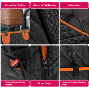 Protector de Asiento de Coche para Mascotas, con Ribete Naranja, Cierre de Cremallera, Velcro de Seguridad, Doble Gancho, Acolchado, Cubierta Trasera - Product Image 2