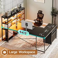 Étagère de rangement pour la maison, bureau de jeu en forme de L, bureau d'ordinateur réversible en forme de U avec prise de courant et étagères de rangement