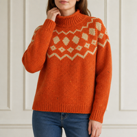 Pull en tricot Fair Isle personnalisé pour femme, col montant, orange brûlé, crème, motif losanges, usine OEM ODM