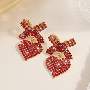 Popular <b>Red</b> Rhinestone Heart Pendant Stud <b>Earrings</b> for Women Versatile Design Sparkling Drop Fashionable Personality Jewelry - Product Image 1