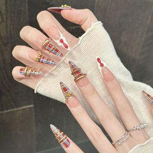 <span class=keywords><strong>Uñas</strong></span> Postizas Acrílicas con Diseño de Gel Brillante, Estilo Académico Vintage con Patrón Rojo Y2K, Hechas a Mano, <span class=keywords><strong>Tendencia</strong></span> 3D, Personalizadas, Forma Almendrada - Product Image 2