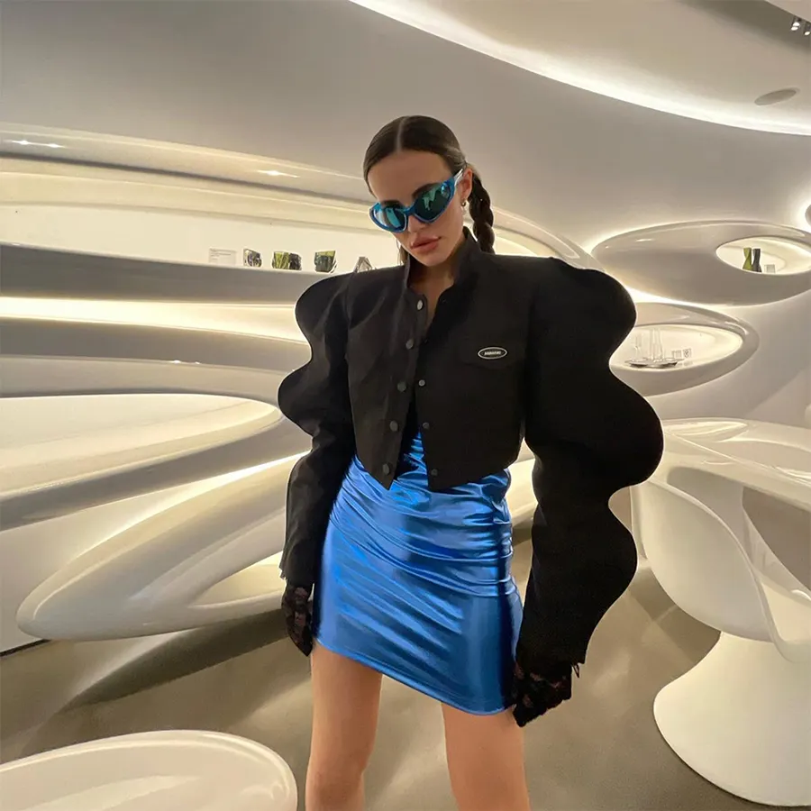 Kliou K22C20242 Fashion Female Tops O Neck Irregular Puff Sleeve Fall And Winter Coats Long Sleeve Solid Color Women Coats