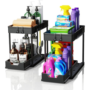 Organisateur de cuisine et salle de bain en plastique à 2 niveaux sous l'évier coulissant avec crochets et supports pour tasses et baguettes - Product Image 1