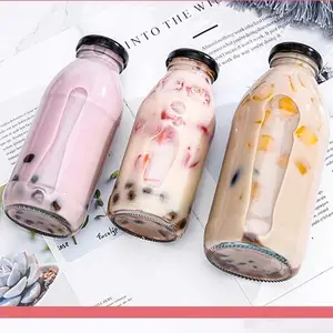 Customized Printing 250ml 300ml 350ml 500ml Cold Extract Beverage Milk Tea Juice Glass Bottle Spiral Metal Lid