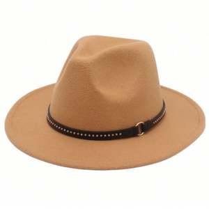 Chapeau Fedora en feutre synthétique de style européen et américain avec large bord et ceinture à rivets métalliques, accessoires de mode pour l'extérieur, chapeaux de cowboy - Product Image 5