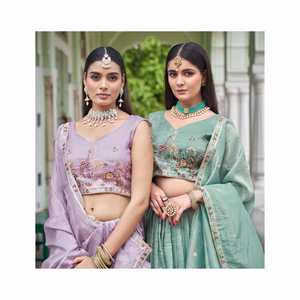 Conjunto de Lehenga Choli de Poliéster Premium Serie DFG, Color Dorado, Estilo Bollywood, Blusa Bordada y Dupatta a Juego para Fiestas - Product Image 1