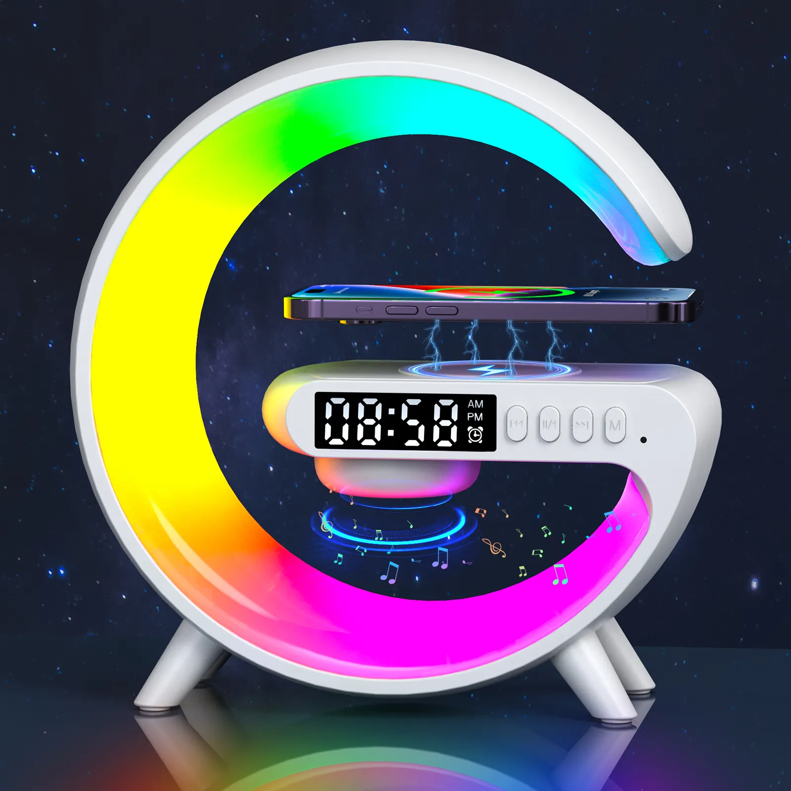 BT Speaker Music Alarm Clock Luz Inteligente Carregamento Sem Fio G Forma Wake-up Light