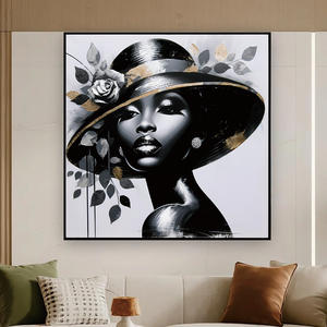 Lukisan Kanvas Seni Pop Berkilau Wanita Afrika Cantik, Dekorasi Dinding Berbingkai, Lukisan Foil Emas Wanita Berpakaian Topi - Product Image 1