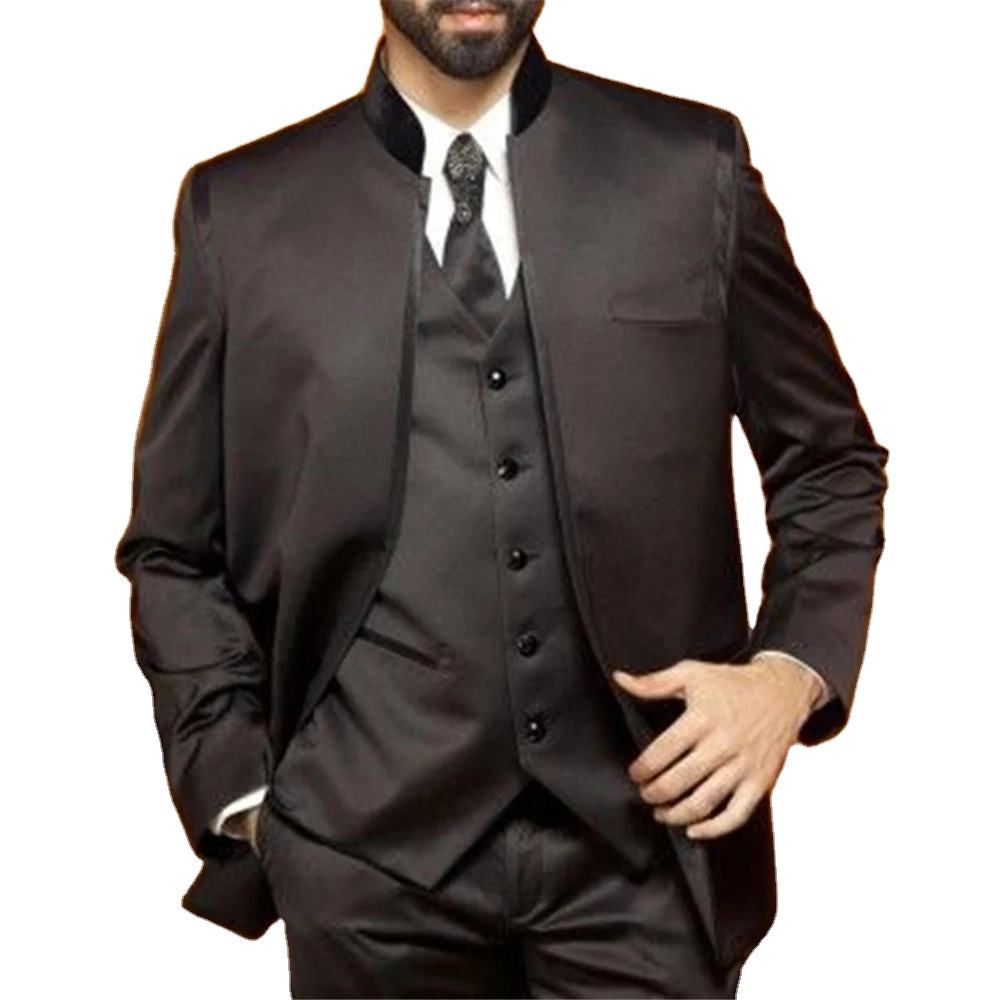 Trajes de satén negro italiano para hombre, traje de negocios