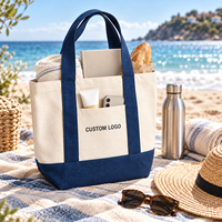 Sac fourre-tout en toile personnalisé haut de gamme avec logo brodé, bordure contrastante et base robuste, idéal pour les vacances à la plage ou en station balnéaire
