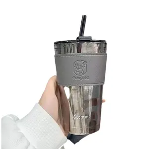 Travel Tumbler Coffee Mug Clear 450ml Glass Coffee Cup With Anti-scald Silicone Sleeve and Straw