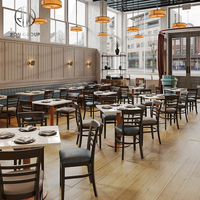 Meubles de café, de restaurant et de salon modernes, canapé en cuir gris en forme de L, tables carrées en marbre et ensemble de chaises en bois