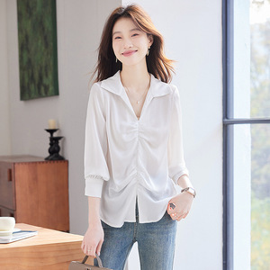 Pink Satin Shirt Women's Top Solid Color Long Sleeve With Folds Everyday Wear Spring Autumn 2025 - Product Image 2