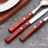 Couverts en bois de hêtre naturel miroir manche en bois argenté ensemble de couverts en acier inoxydable fourchette cuillère et couteau à steak Restaurant