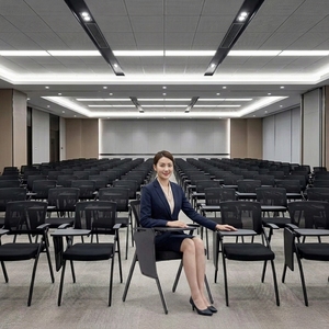 Silla de Conferencia Ergonómica Moderna <span class=keywords><strong>con</strong></span> Malla Transpirable, Asiento Plegable, Reposabrazos y <span class=keywords><strong>Ruedas</strong></span> Silenciosas para Sala de Reuniones - Product Image 2