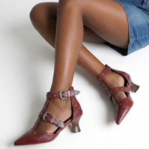 Big Size 48 Women Low <b>Heels</b> Pumps T-strap Metal Buckles Sandals Dress Pointed Toe Rivets Wide Fit Shoes - Product Image 4