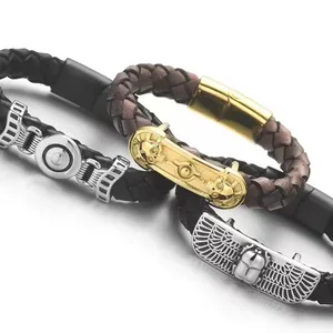 Genuine Braided Leather Punk Skull Bracelets Stainless Steel Egyptian Mythological Bracelet Fashion Men's Jewelry Gift