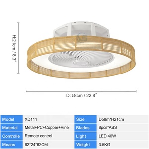 XD111 PC ratán arte dormitorio ventilador luz moderno ventilador de techo sin aspas con control remoto de luz LED - Product Image 2