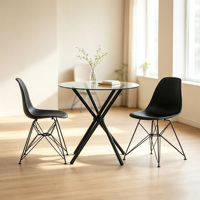 Petite table de salle à manger en verre trempé rond transparent avec pieds noirs, prix bas, en vente