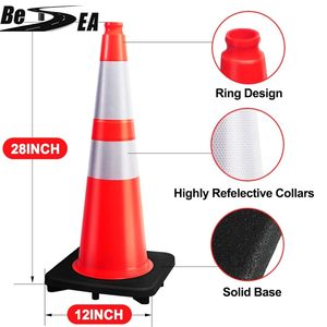 Cônes de signalisation routière BESEA, 8 pièces, en PVC orange réfléchissant, base noire, hauteur 28 pouces, structurellement stables, résistants à l'usure, pour la construction et le stationnement routier - Product Image 2