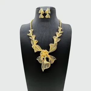 Dubai fashion bridal set luxury brass jewelry set 24k gold plated arabian design big jewelry set earrings and necklace For Women