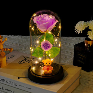 Lampe de nuit avec couvercle en verre, lumière rose, décoration en forme d'ours, cadeau de la Saint-Valentin, couvercle en acrylique, rose simulée - Product Image 2