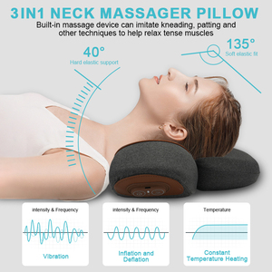 Appareil de massage électrique du cou 3 en 1, oreiller avec chauffage, traction cervicale pour soulager la douleur et la relaxation profonde, intensité réglable - Product Image 1