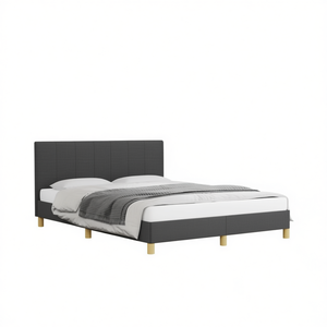 Base de Cama Tapizada con Cabecera en Tela Gris Oscuro, Diseño Moderno y Minimalista, Patas de Madera, Tamaño Queen - Product Image 1