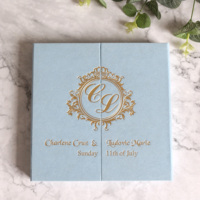 Boîte d'invitation de mariage en velours bleu clair avec monogramme en feuille d'or et carte d'invitation ronde noire pour mariage et événement