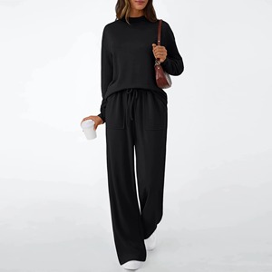 Ensemble décontracté en maille noire 2 pièces pour femme, col rond, manches longues, coupe ample, couleur unie, toutes saisons - Product Image 5