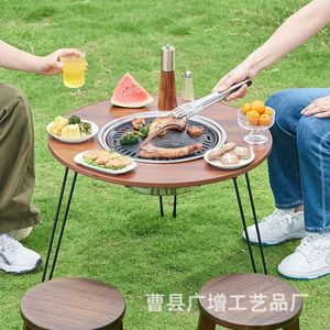 <b>Outdoor</b> Folding Fire Pit <b>Table</b> Solid Wood Portable Charcoal <b>BBQ</b> Round <b>Table</b> For Camping Picnic Courtyard Use - Product Image 1